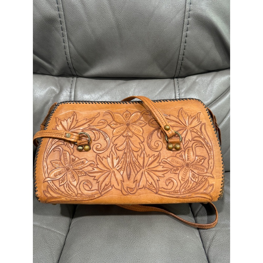 Vintage Tooled Leather Floral Shoulder Bag Tan Brown Whipstitch Hand Carved Boho